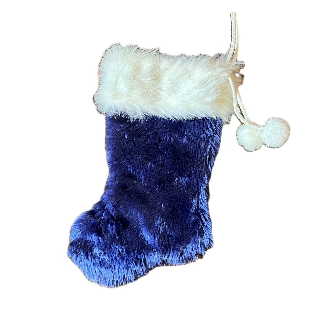 Blue Furry Christmas Stocking with White Furry Brim and Pom Poms